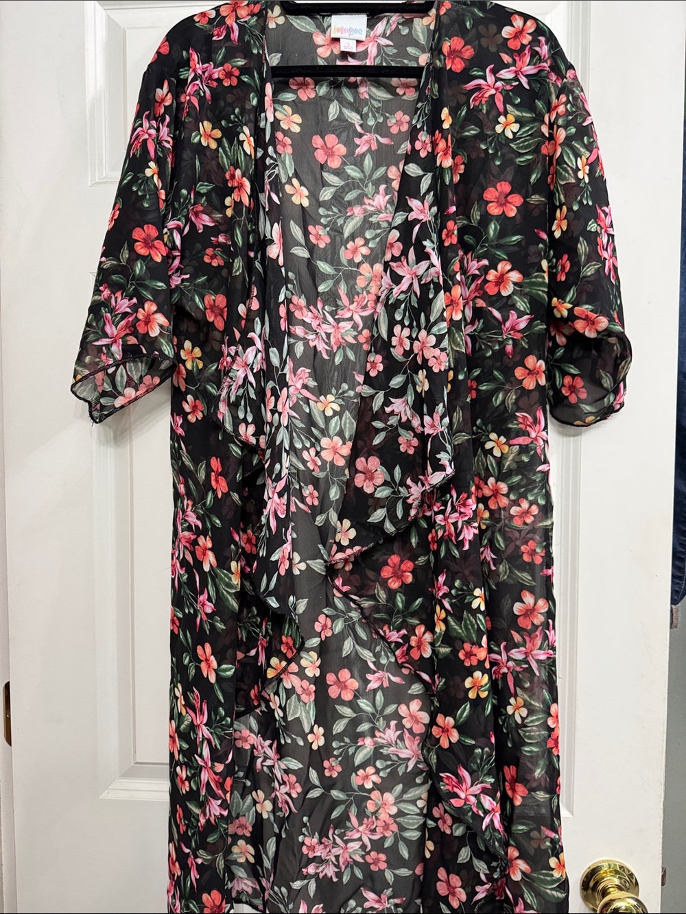 LuLaRoe Black Floral Sheer Kimono with Pink and Green Flowers